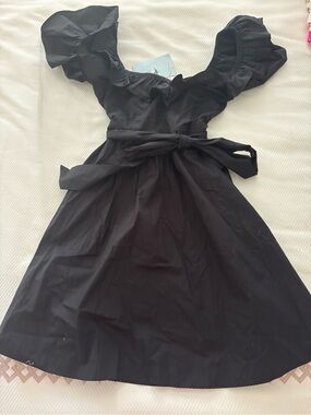 Hill House Black Puff-Sleeve Tie-Waist Mini Dress